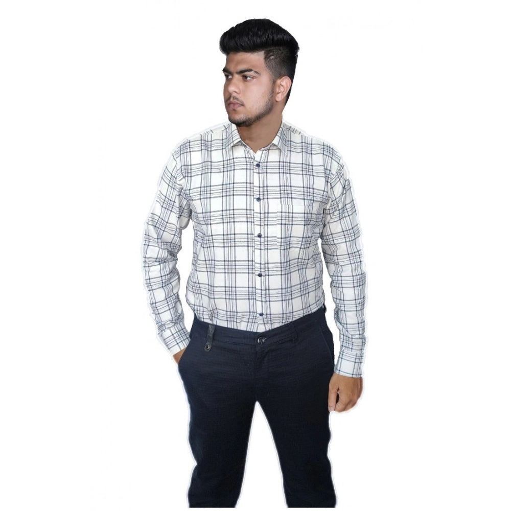 Amfyn Men's Cotton Lycra Full Sleeve Checked Casual Shirt (White)
