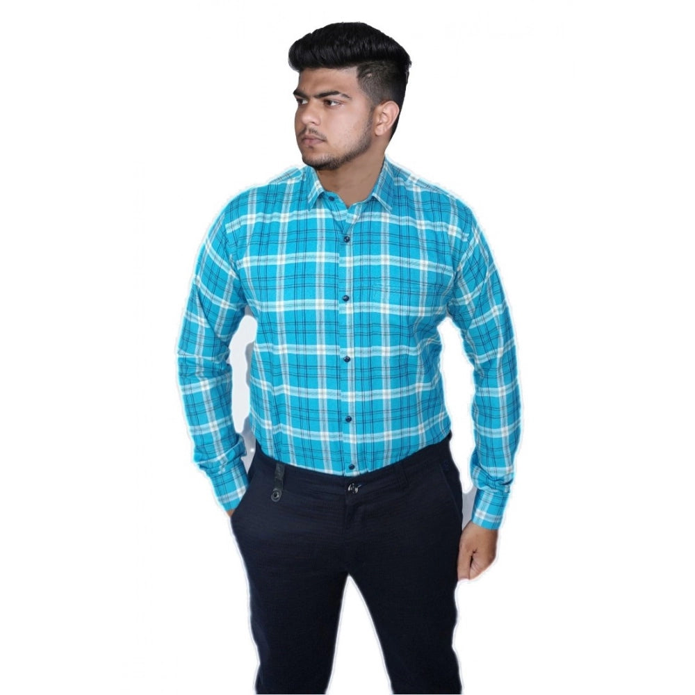 Amfyn Men's Cotton Lycra Full Sleeve Checked Casual Shirt (Sky Blue)