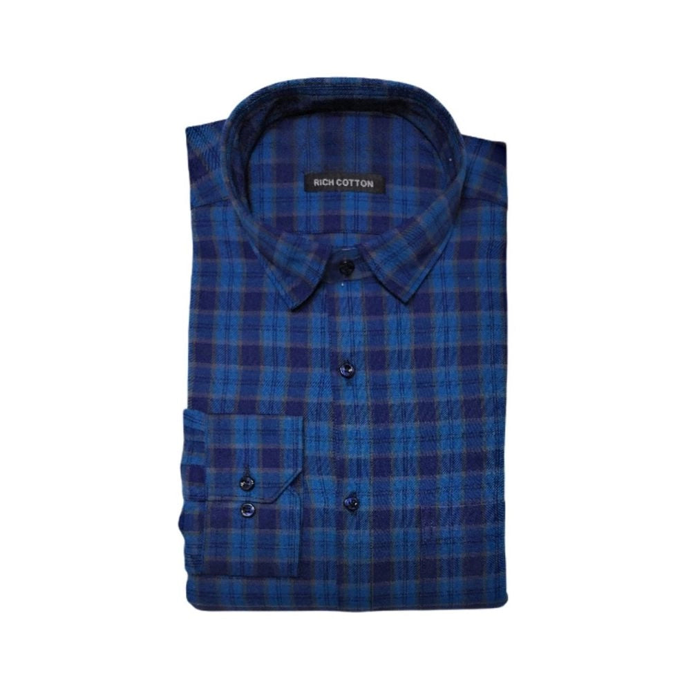 Amfyn Men's Cotton Lycra Full Sleeve Checked Casual Shirt (Dark Blue)