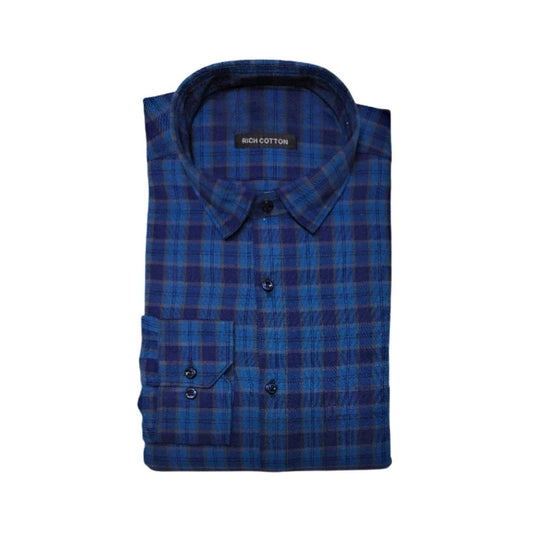 Amfyn Men's Cotton Lycra Full Sleeve Checked Casual Shirt (Dark Blue)