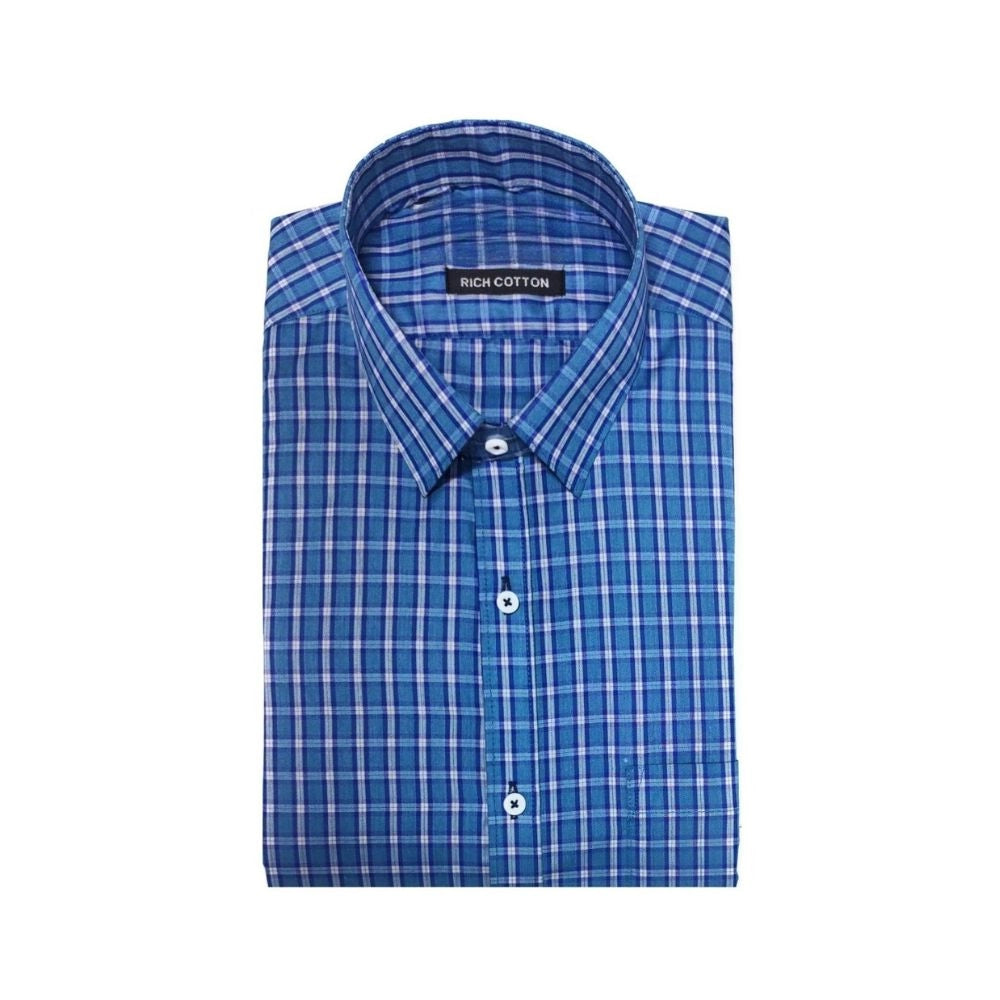 Amfyn Men's Cotton Lycra Full Sleeve Checked Casual Shirt (Blue)