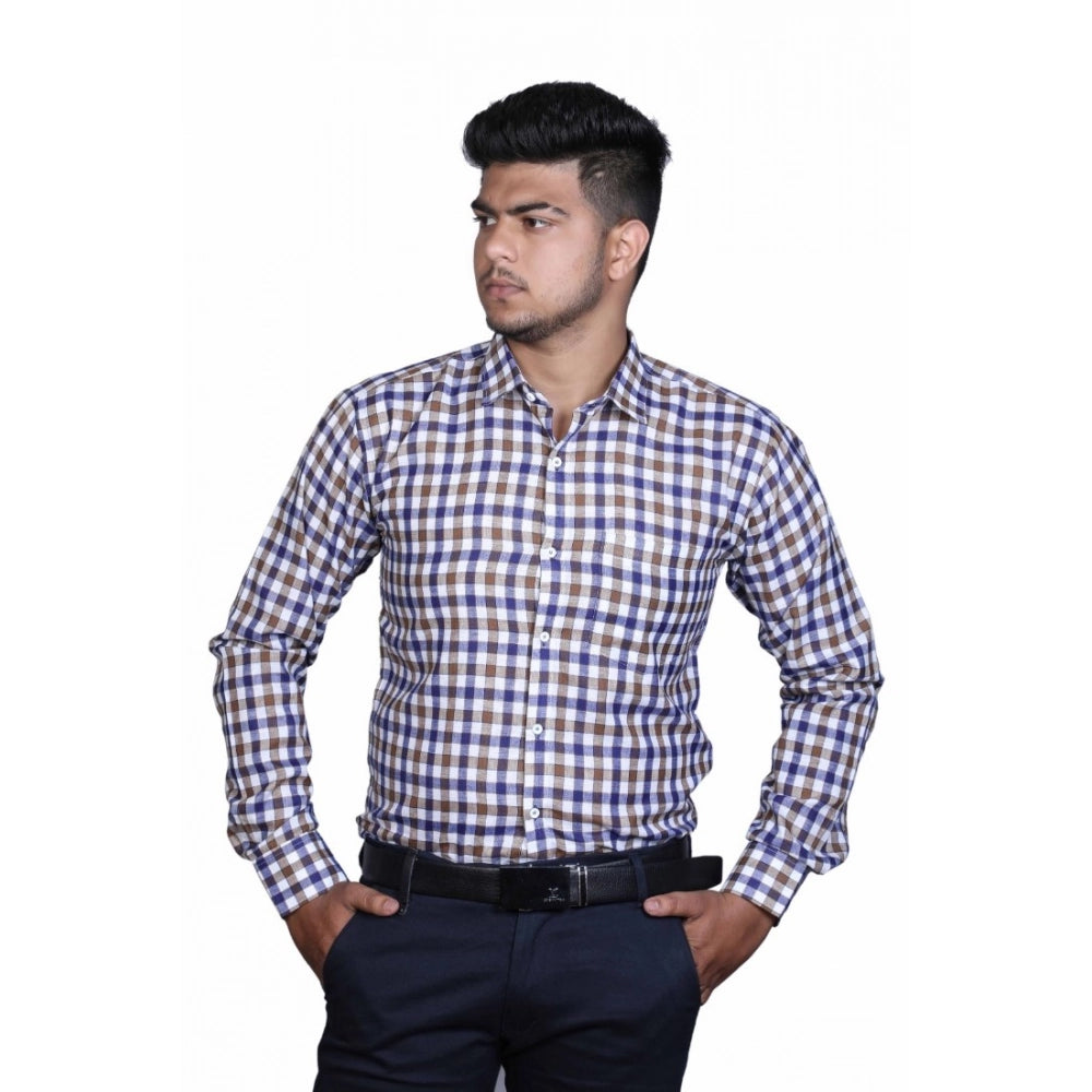 Amfyn Men's Cotton Lycra Full Sleeve Checked Casual Shirt (Brown Blue)