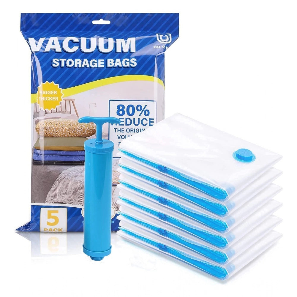 Amfyn Plastic Vacuum Bags Space Saver Travel Reusable Bags with Pump Pack of_5 (Multicolor)