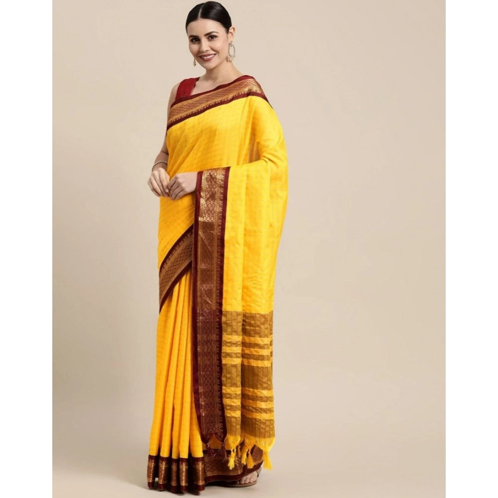 Amfyn Women's Cotton Silk Checkered Saree With Unstitched Blouse 5.5Mtr (Yellow)