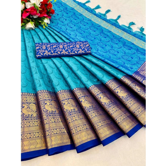 Amfyn Women's Cotton Silk Printed Saree With Unstitched Blouse 5.5Mtr (Sky Blue)