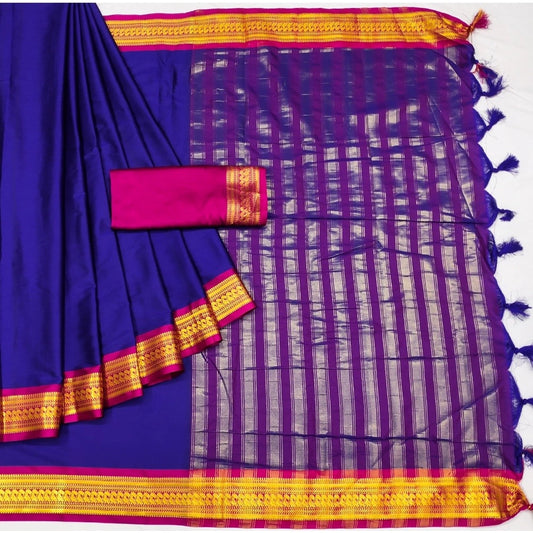 Amfyn Women's Cotton Silk Solid Saree With Unstitched Blouse 5.5Mtr (Blue)