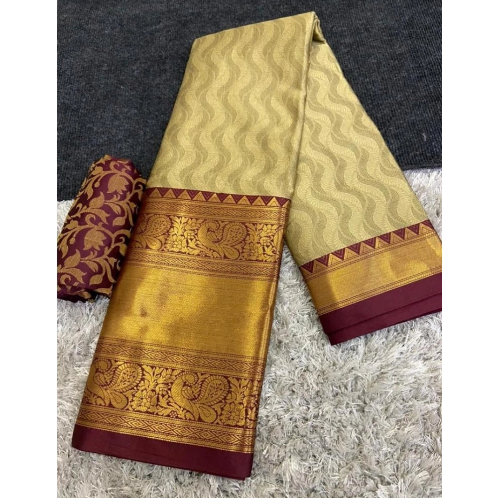Amfyn Women's Cotton Silk Printed Saree With Unstitched Blouse 5.5Mtr (Brown)
