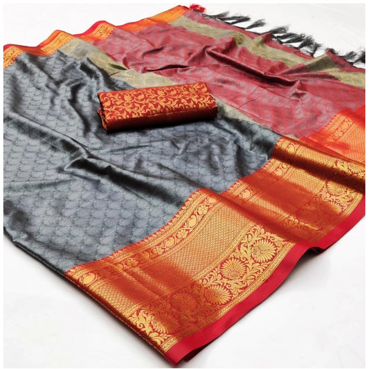 Amfyn Women's Cotton Silk Floral Print Saree With Unstitched Blouse 5.5Mtr (Grey)