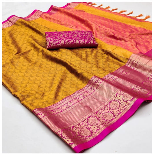 Amfyn Women's Cotton Silk Floral Print Saree With Unstitched Blouse 5.5Mtr (Mustard)