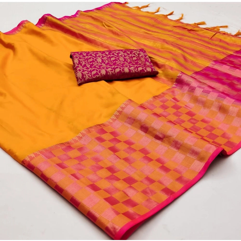 Amfyn Women's Cotton Silk Checkered Saree With Unstitched Blouse 5.5Mtr (Orange)