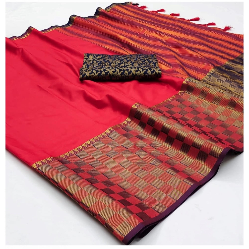 Amfyn Women's Cotton Silk Checkered Saree With Unstitched Blouse 5.5Mtr (Red)