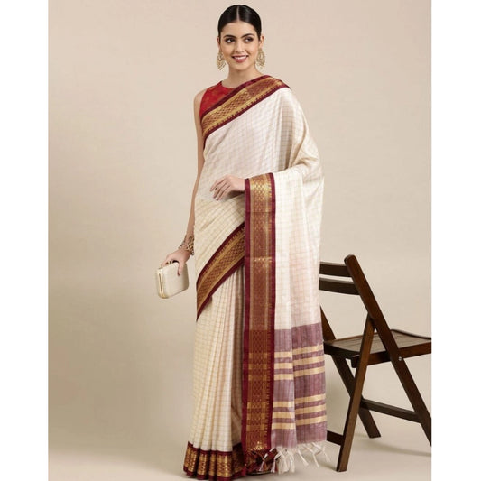 Amfyn Women's Cotton Silk Checkered Saree With Unstitched Blouse 5.5Mtr (Maroon)