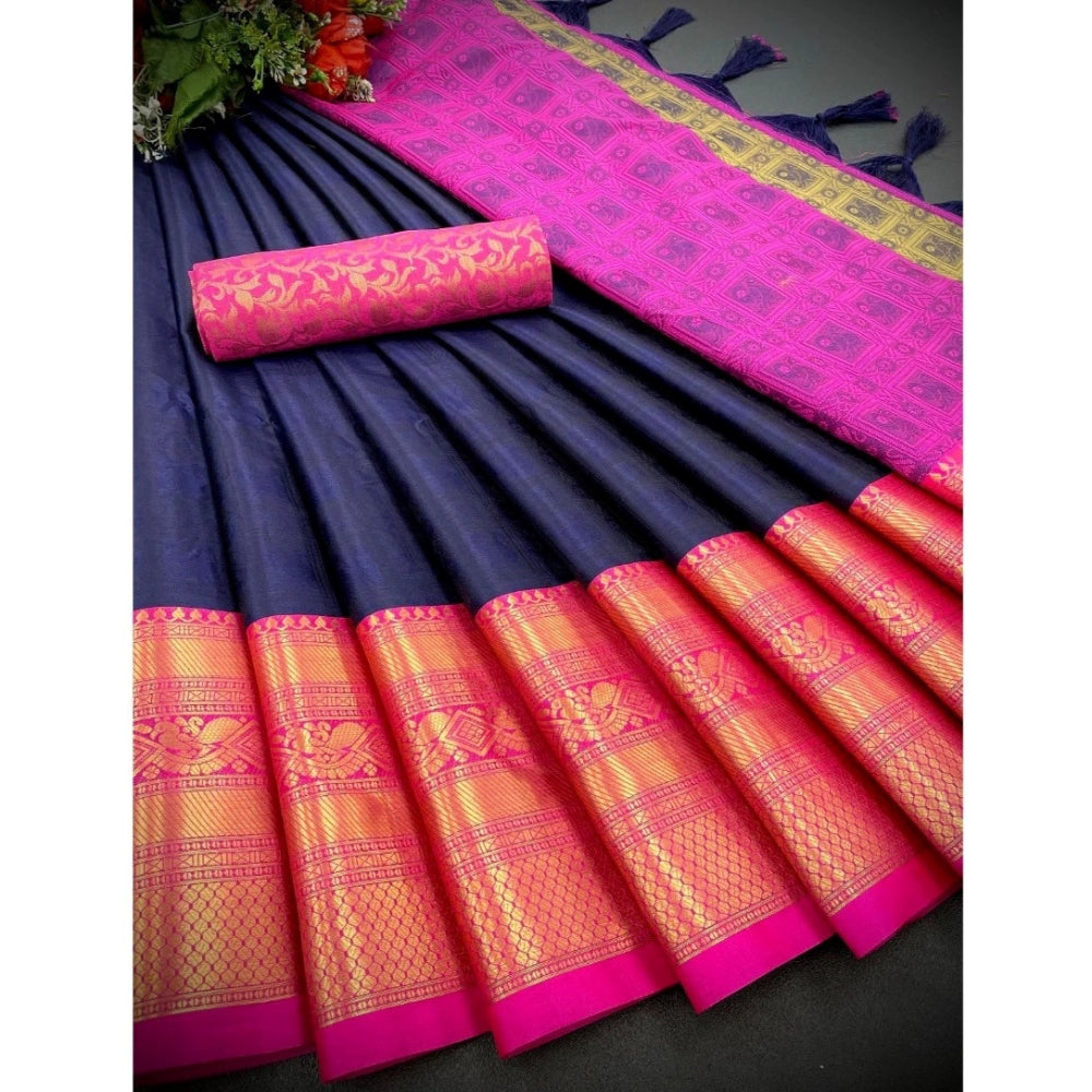 Amfyn Women's Cotton Silk Printed Saree With Unstitched Blouse 5.5Mtr (Blue)