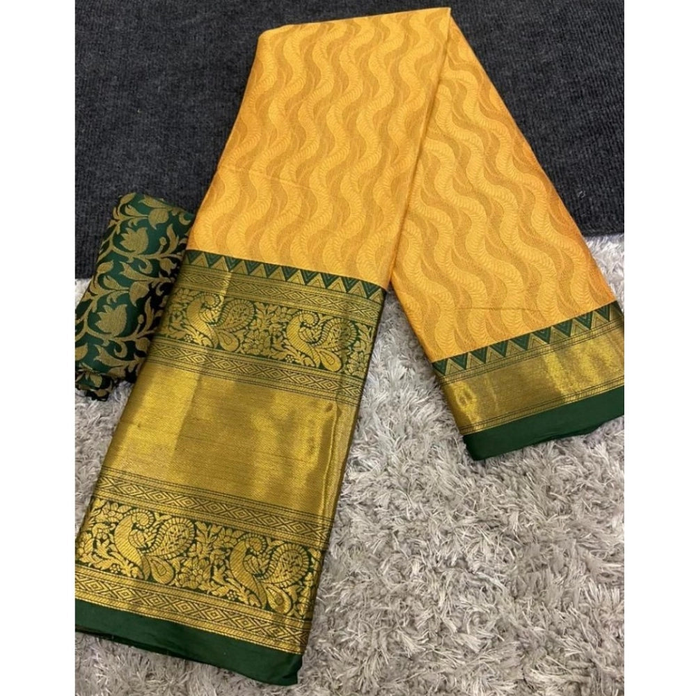 Amfyn Women's Cotton Silk Printed Saree With Unstitched Blouse 5.5Mtr (Yellow)