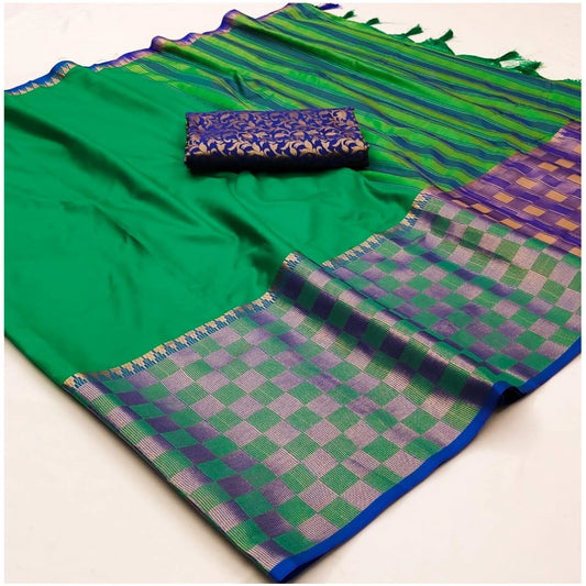 Amfyn Women's Cotton Silk Checkered Saree With Unstitched Blouse 5.5Mtr (Green)