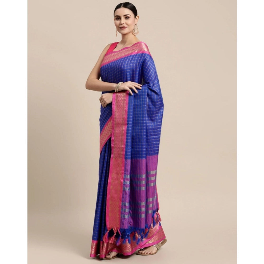 Amfyn Women's Cotton Silk Checkered Saree With Unstitched Blouse 5.5Mtr (R Blue)