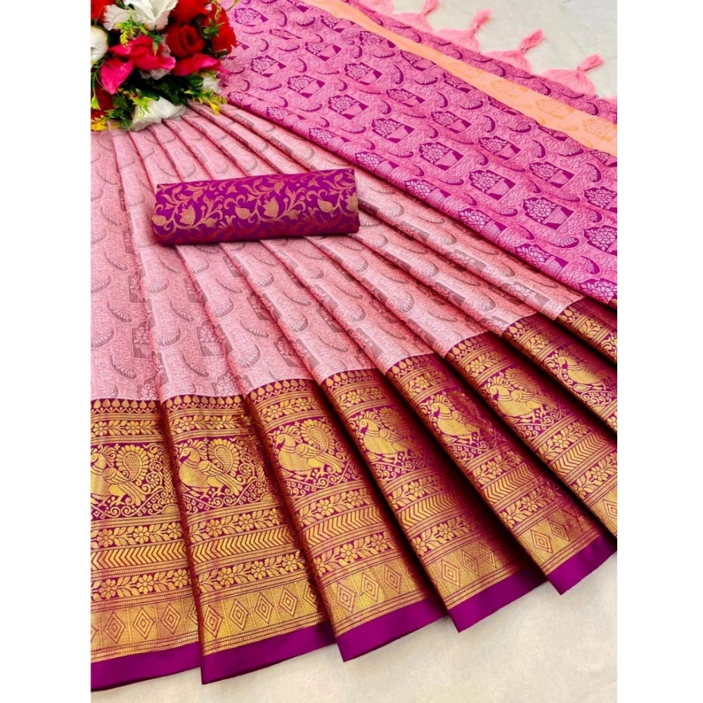 Amfyn Women's Cotton Silk Printed Saree With Unstitched Blouse 5.5Mtr (Pink)