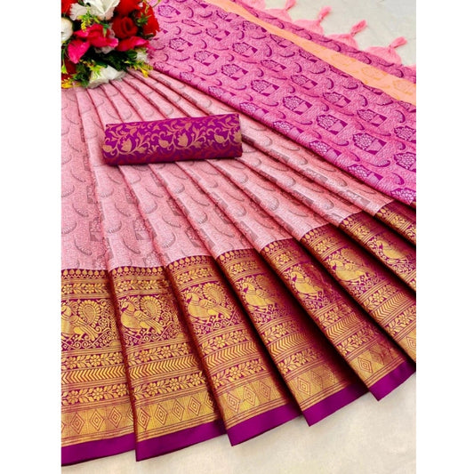 Amfyn Women's Cotton Silk Printed Saree With Unstitched Blouse 5.5Mtr (Pink)
