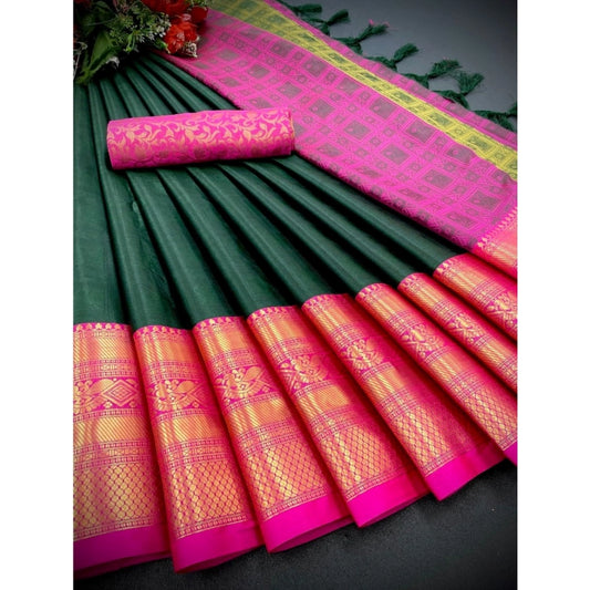 Amfyn Women's Cotton Silk Printed Saree With Unstitched Blouse 5.5Mtr (Green)