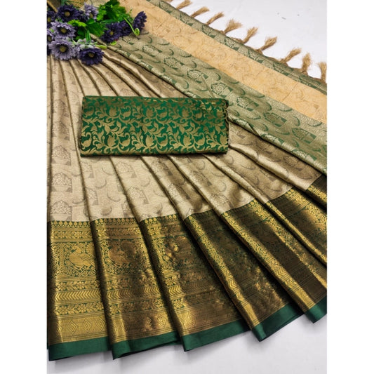 Amfyn Women's Cotton Silk Printed Saree With Unstitched Blouse 5.5Mtr (Green)