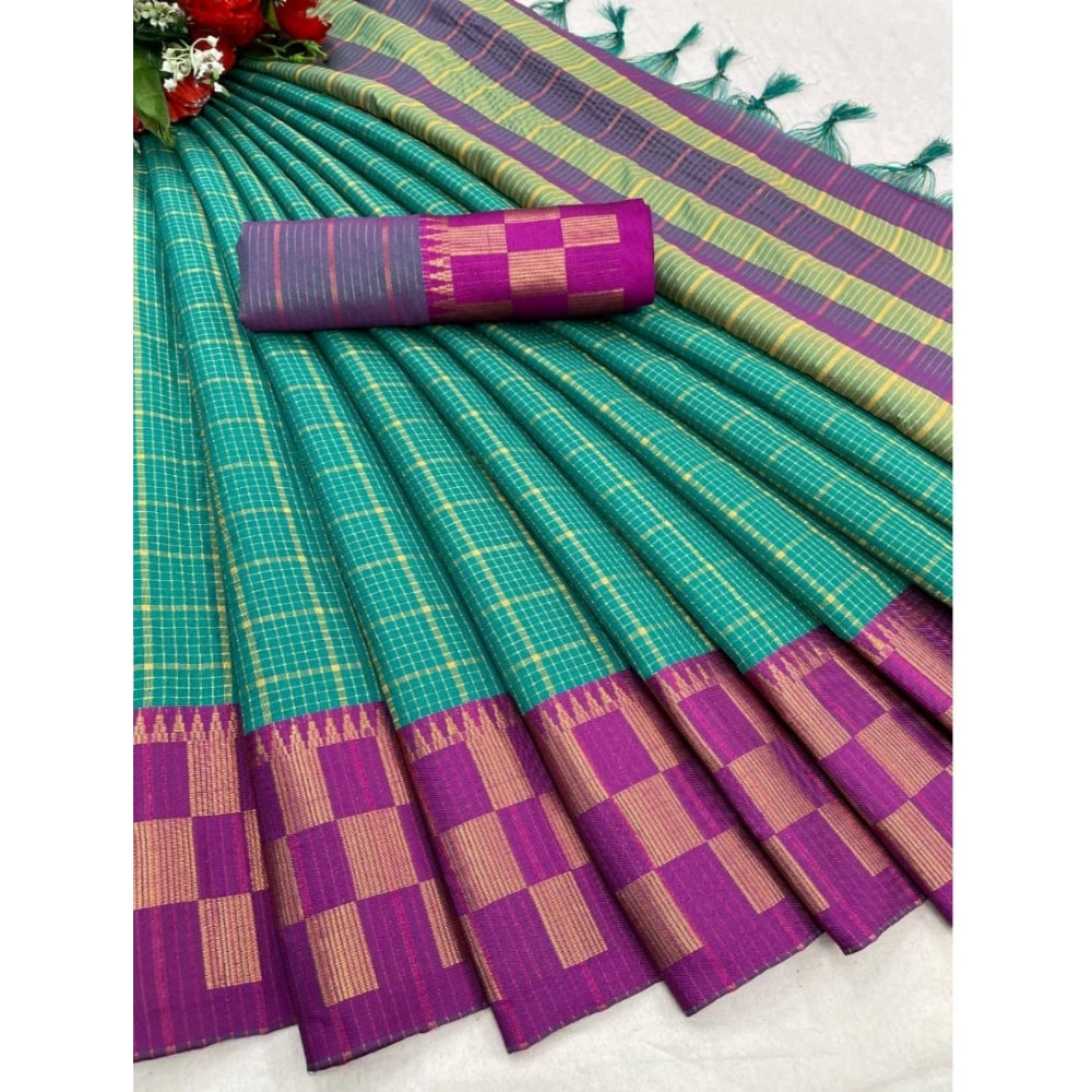 Amfyn Women's Cotton Silk Printed Saree With Unstitched Blouse 5.5Mtr (Green-Purple)