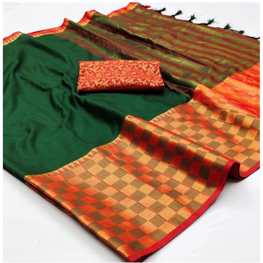 Amfyn Women's Cotton Silk Checkered Saree With Unstitched Blouse 5.5Mtr (Bgreen)