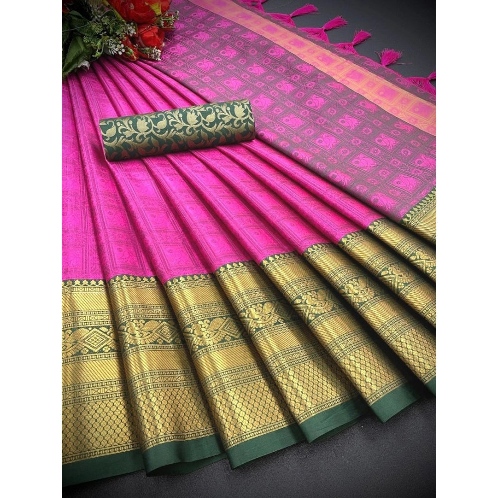 Amfyn Women's Cotton Silk Printed Saree With Unstitched Blouse 5.5Mtr (Pink)