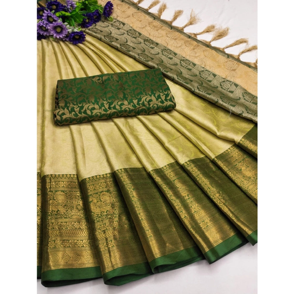 Amfyn Women's Cotton Silk Printed Saree With Unstitched Blouse 5.5Mtr (Cream)