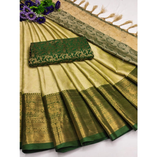 Amfyn Women's Cotton Silk Printed Saree With Unstitched Blouse 5.5Mtr (Cream)