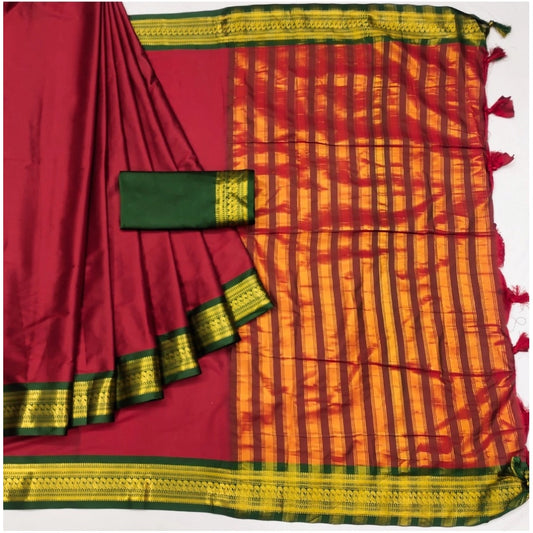 Amfyn Women's Cotton Silk Solid Saree With Unstitched Blouse 5.5Mtr (Red)