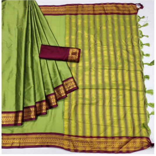 Amfyn Women's Cotton Silk Solid Saree With Unstitched Blouse 5.5Mtr (Light Green)