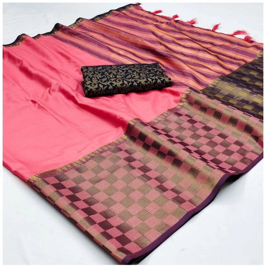 Amfyn Women's Cotton Silk Checkered Saree With Unstitched Blouse 5.5Mtr (Pink)