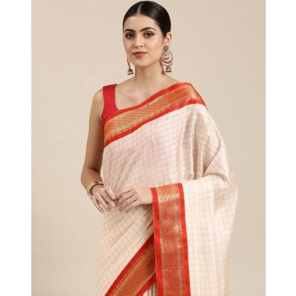 Amfyn Women's Cotton Silk Checkered Saree With Unstitched Blouse 5.5Mtr (Red)