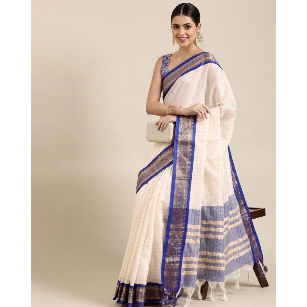 Amfyn Women's Cotton Silk Checkered Saree With Unstitched Blouse 5.5Mtr (R Blue)