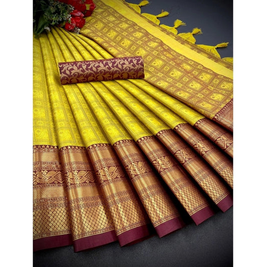 Amfyn Women's Cotton Silk Printed Saree With Unstitched Blouse 5.5Mtr (Yellow)