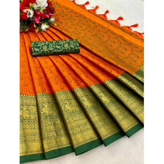 Amfyn Women's Cotton Silk Printed Saree With Unstitched Blouse 5.5Mtr (Orange)