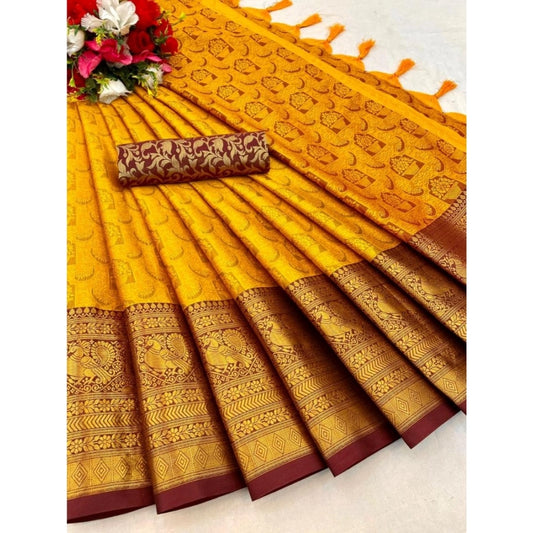 Amfyn Women's Cotton Silk Printed Saree With Unstitched Blouse 5.5Mtr (Mustard)