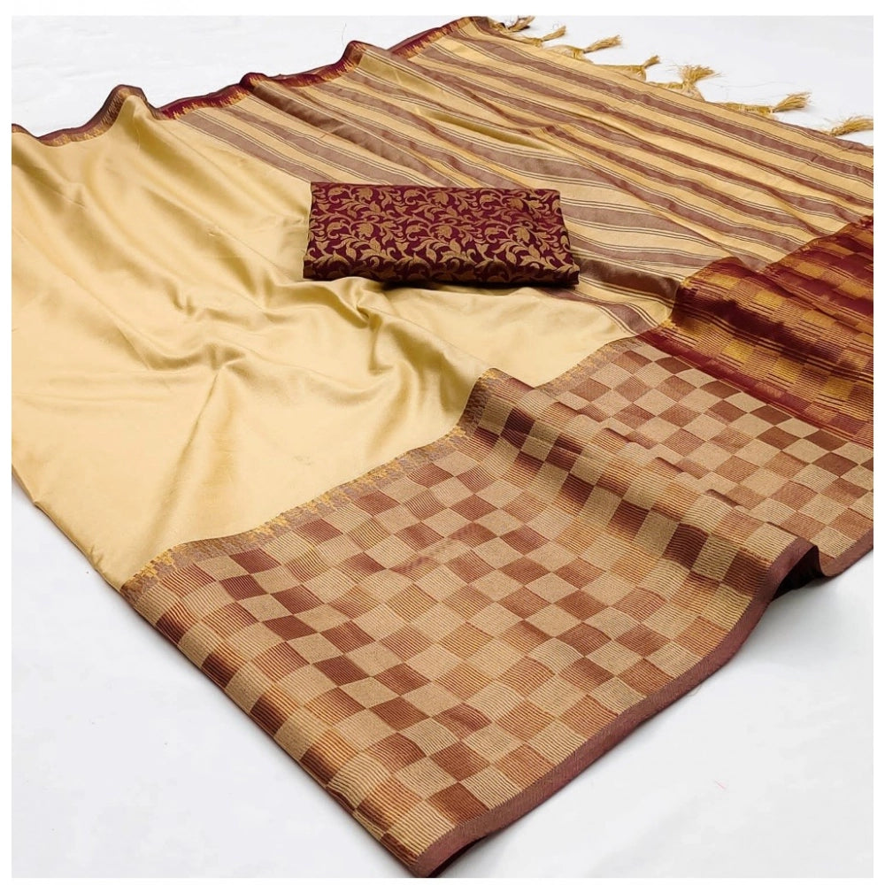 Amfyn Women's Cotton Silk Checkered Saree With Unstitched Blouse 5.5Mtr (Gold)