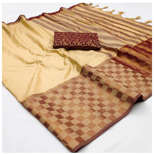 Amfyn Women's Cotton Silk Checkered Saree With Unstitched Blouse 5.5Mtr (Gold)