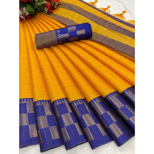 Amfyn Women's Cotton Silk Printed Saree With Unstitched Blouse 5.5Mtr (Gold-Blue)