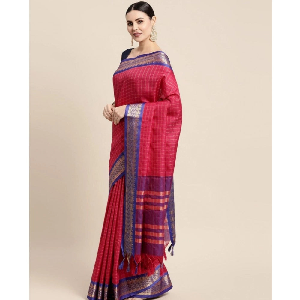 Amfyn Women's Cotton Silk Checkered Saree With Unstitched Blouse 5.5Mtr (Red)