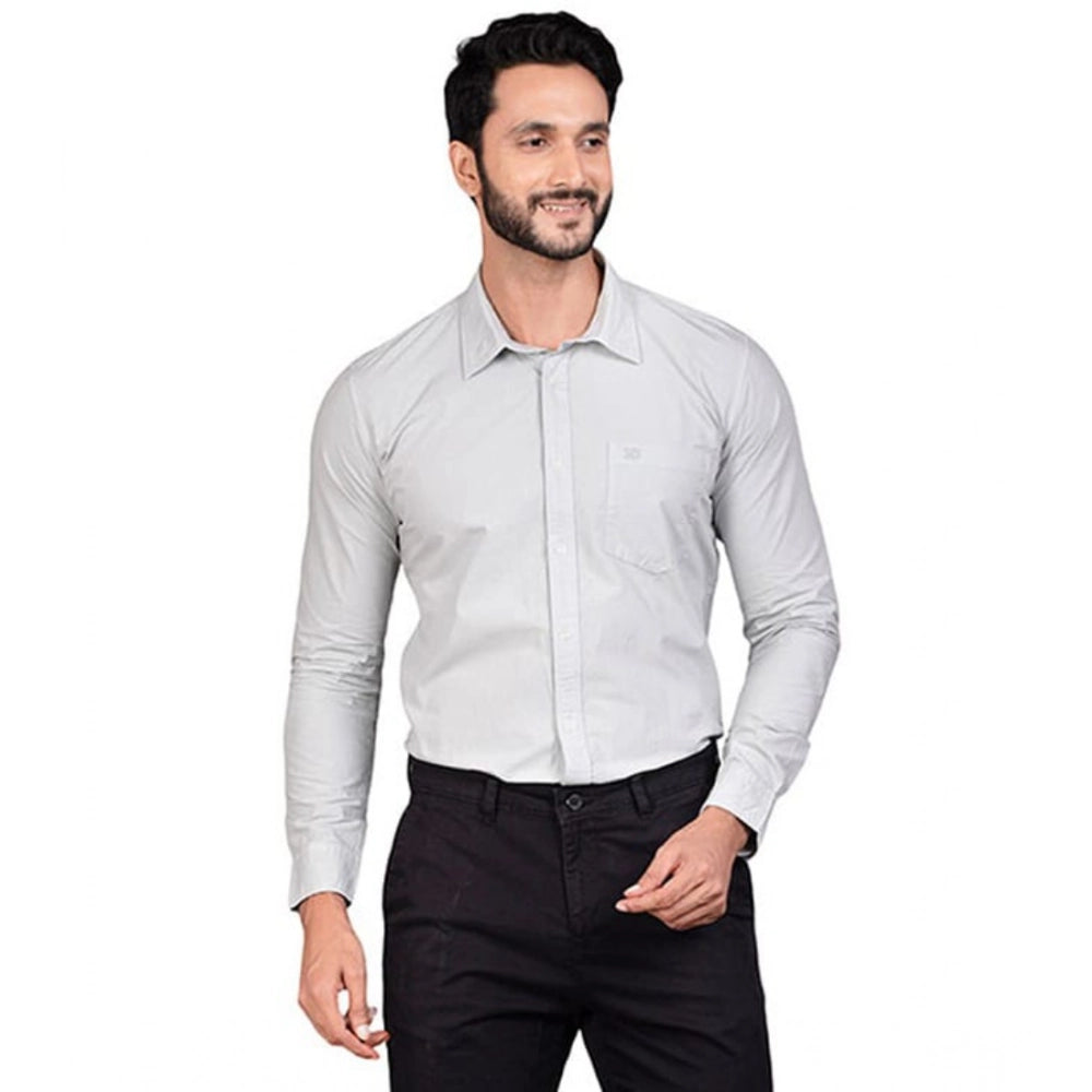 Men's solid grey cotton full-sleeve button-up shirt with chest pocket and collar