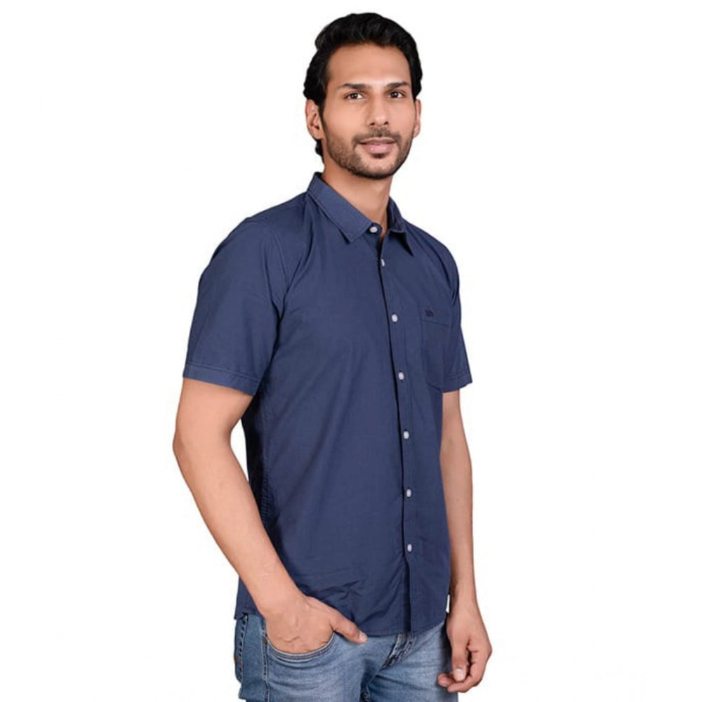 Amfyn Men's Casual Cotton Half Sleeve Solid Shirt (Navy)