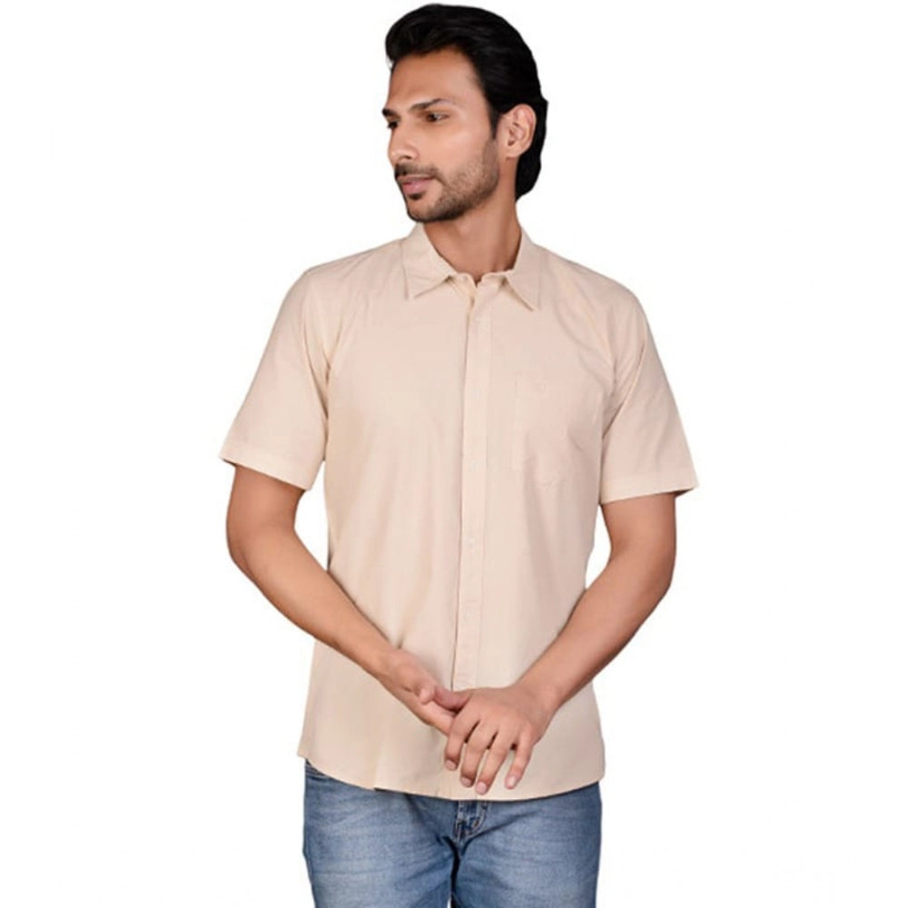 Amfyn Men's Casual Cotton Half Sleeve Solid Shirt (Beige)