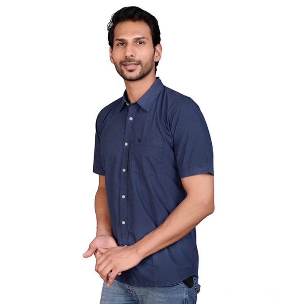 Amfyn Men's Casual Cotton Half Sleeve Solid Shirt (Navy)