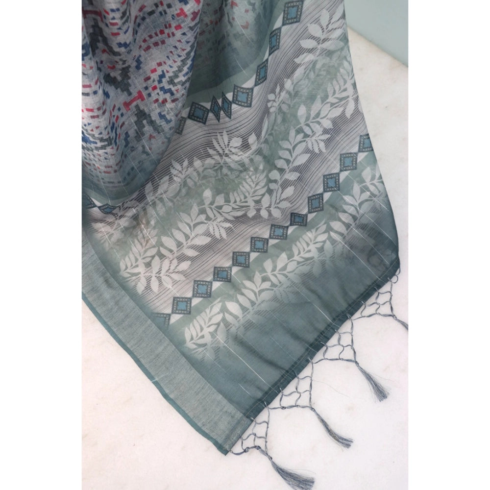 Amfyn Women's Linen Digital Print Saree With Unstitched Blouse 5.5Mtr (Grey)