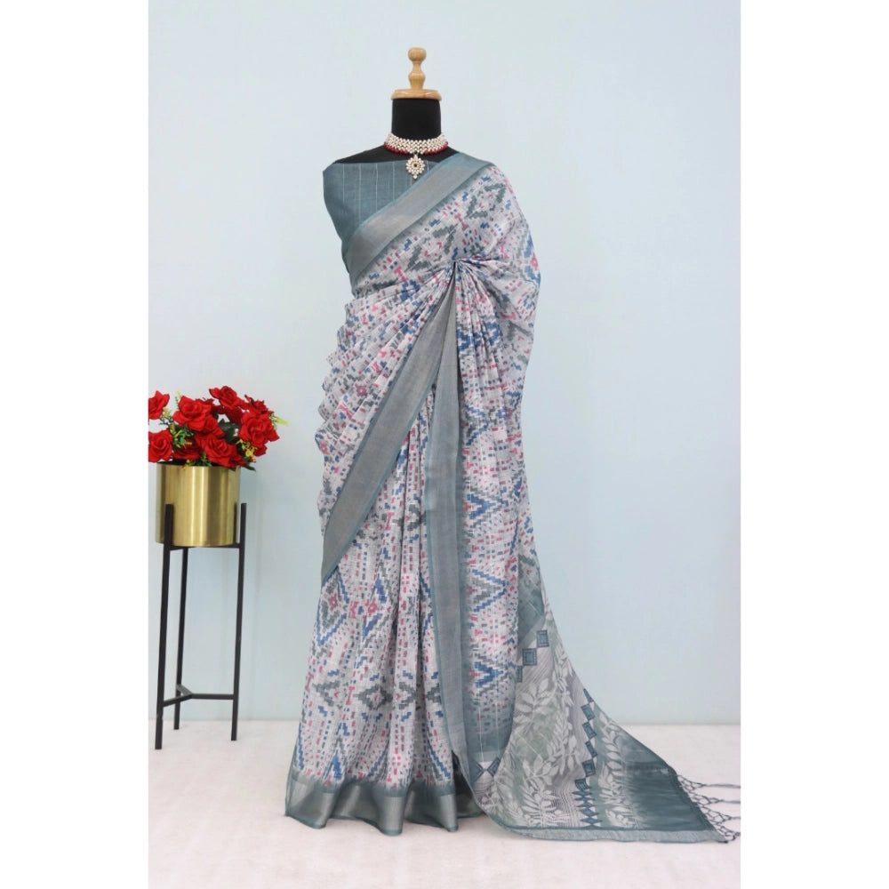Amfyn Women's Linen Digital Print Saree With Unstitched Blouse 5.5Mtr (Grey)