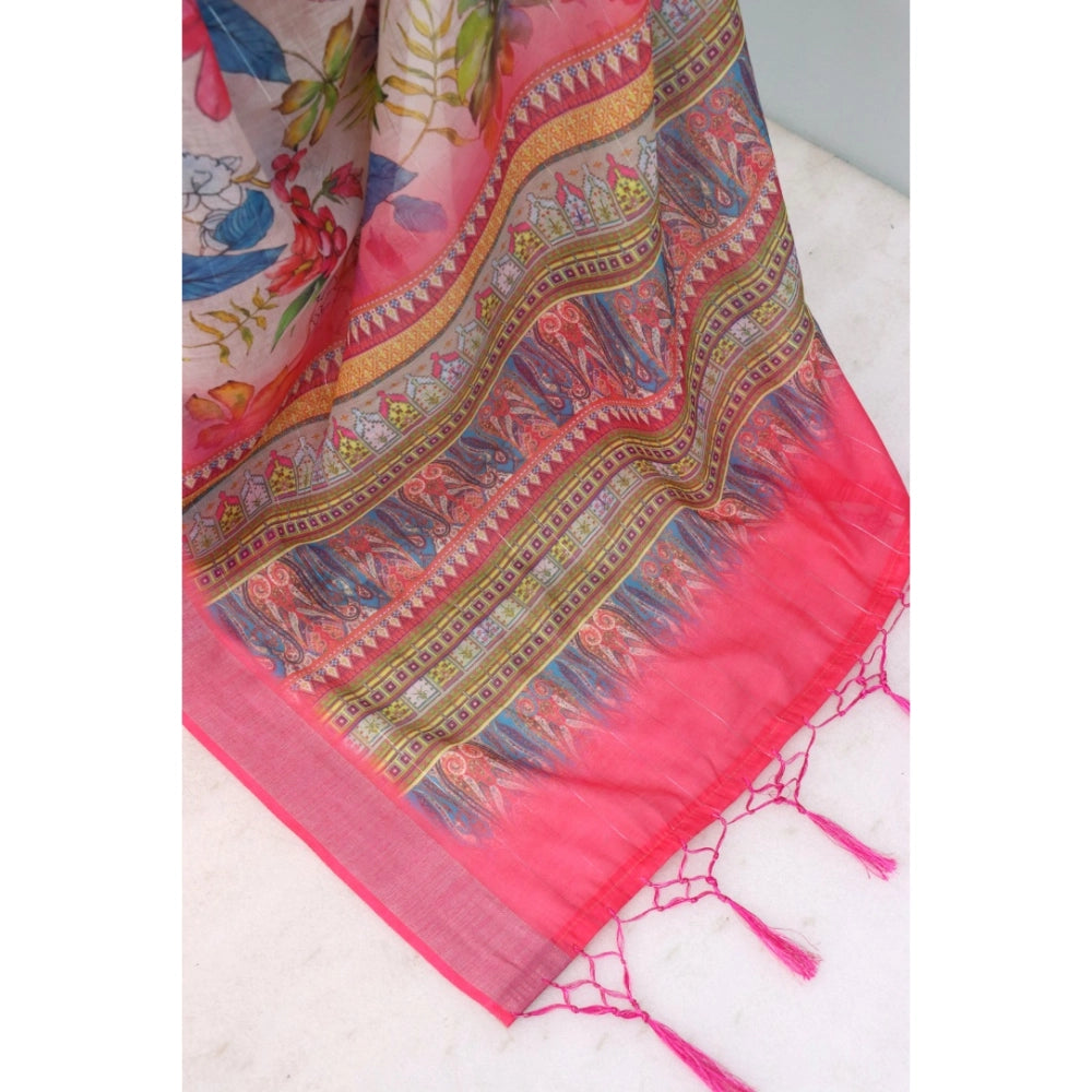 Amfyn Women's Linen Digital Print Saree With Unstitched Blouse 5.5Mtr (pink)
