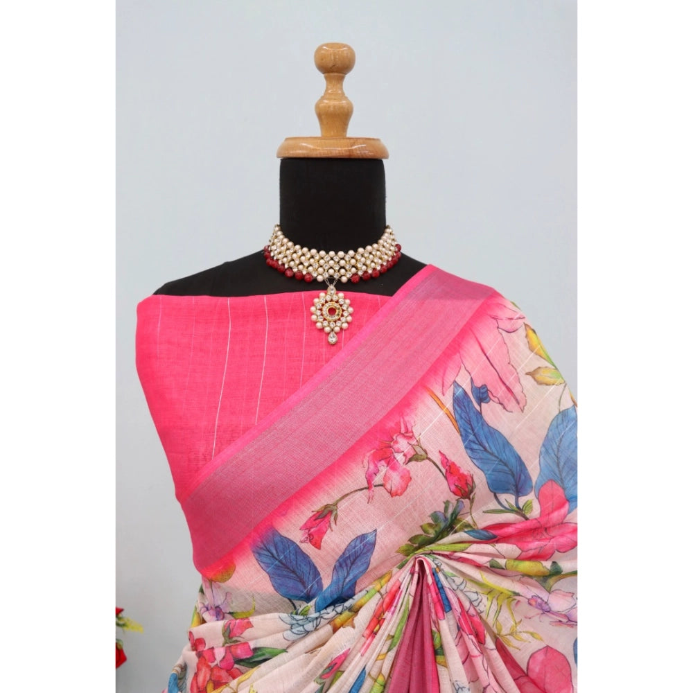 Amfyn Women's Linen Digital Print Saree With Unstitched Blouse 5.5Mtr (pink)