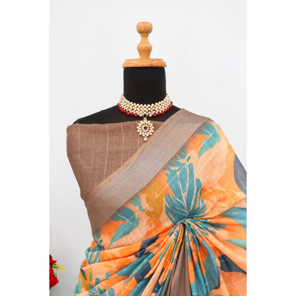 Amfyn Women's Linen Digital Print Saree With Unstitched Blouse 5.5Mtr (Green)